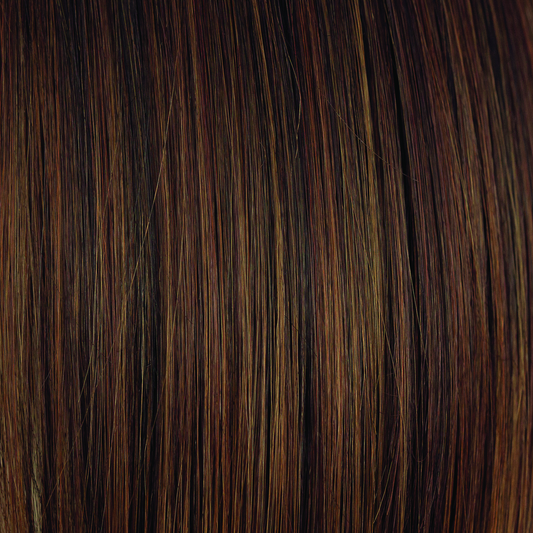 Rum Raisin - A blend of deep, dark, garnet brown base with an array of ribbon highlights, medium hazel blonds, and medium mahogany red browns.