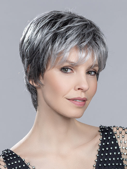 LOVE COMFORT by ELLEN WILLE in SALT/PEPPER ROOTED 51.44.39 | Black/Dark Brown, Darkest Brown, and Lightest Brown with Grey Blend and Shaded Roots