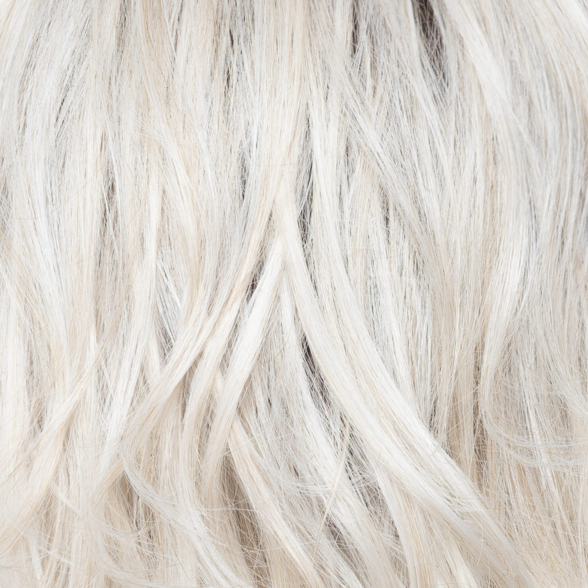 White Rose Blond-R  -  A white blond base with subtle warm brown highlights. The medium-brown root creates a vibrant appearance.